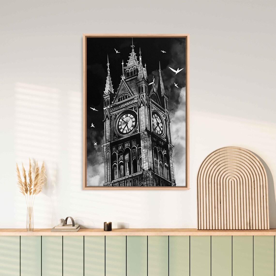Old Eerie Gothic Clocktower In Foggy Night With Flying Bats Wall Poster - Image 3
