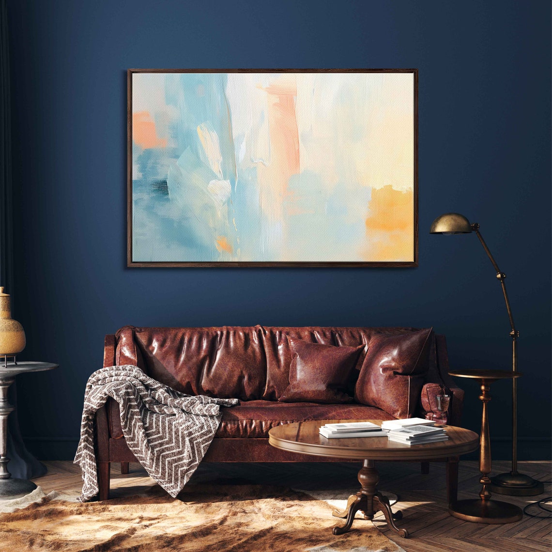 Sky Blue Peach Gold Washes Wide Pastel Abstract Painting Poster - Image 3