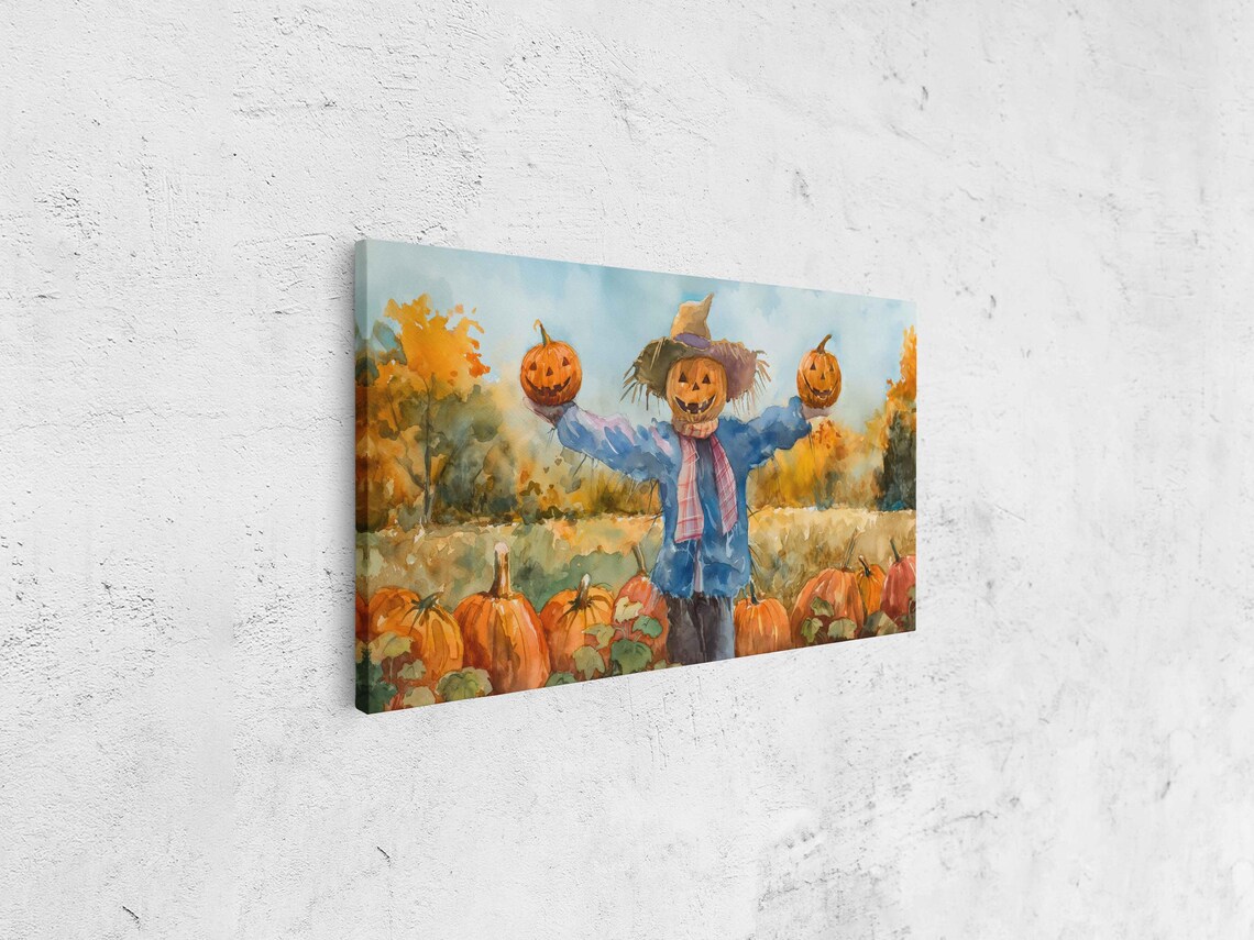 Cheerful Scarecrow In Pumpkin Patch Watercolor Fall Harvest Festival Poster - Image 4