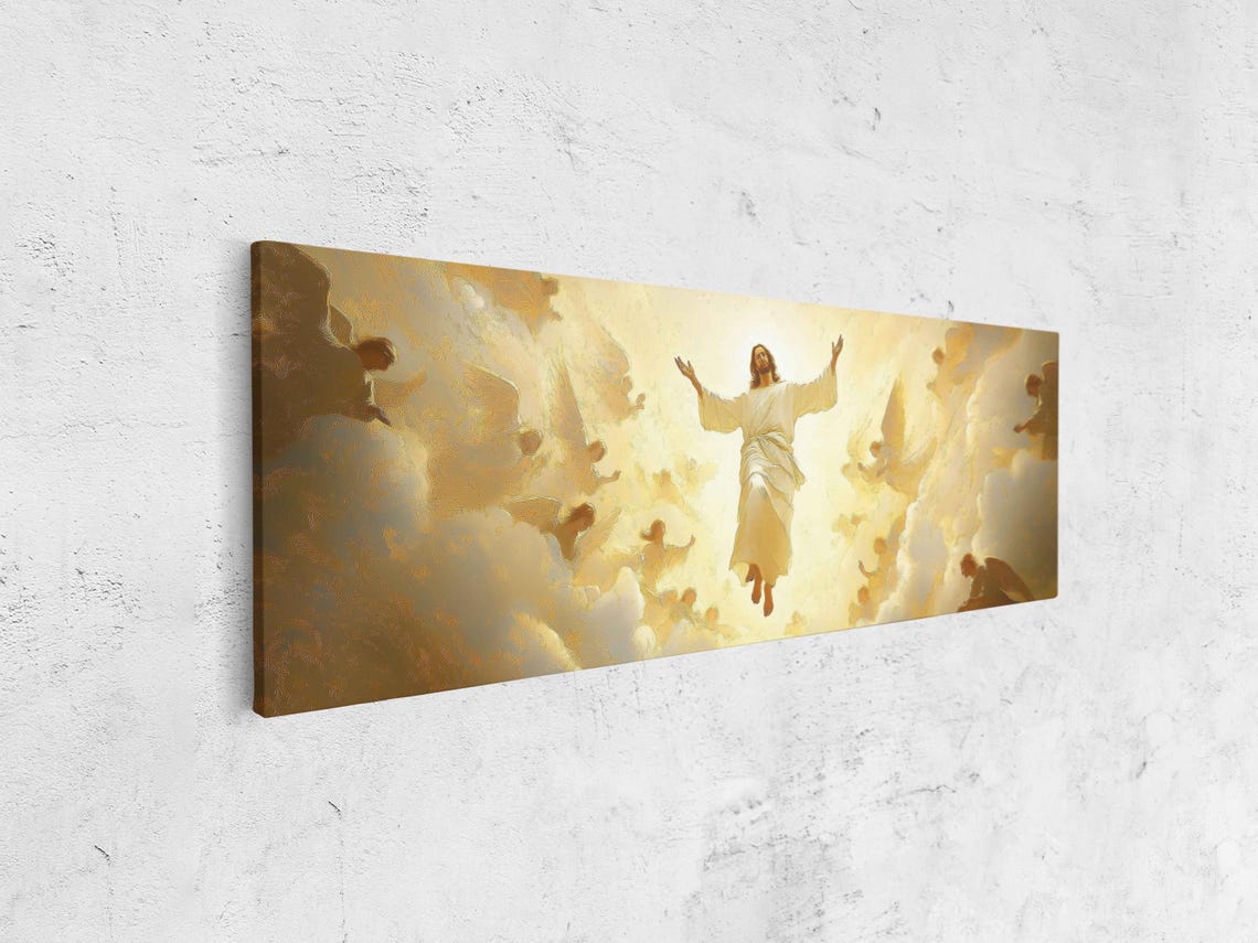 Jesus Ascending Among Angels In Golden Clouds Panoramic Art Poster - Image 4