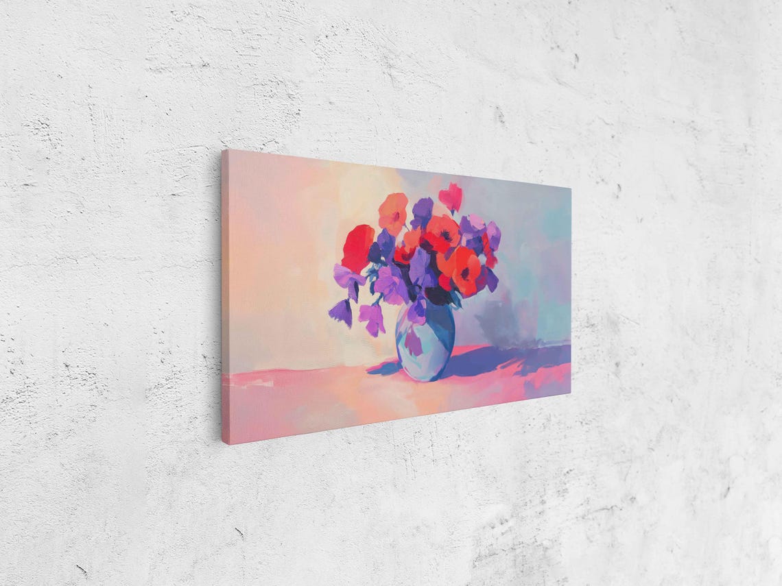 Red Violet Flowers In Blue Vase Impressionist Floral Art Poster - Image 4