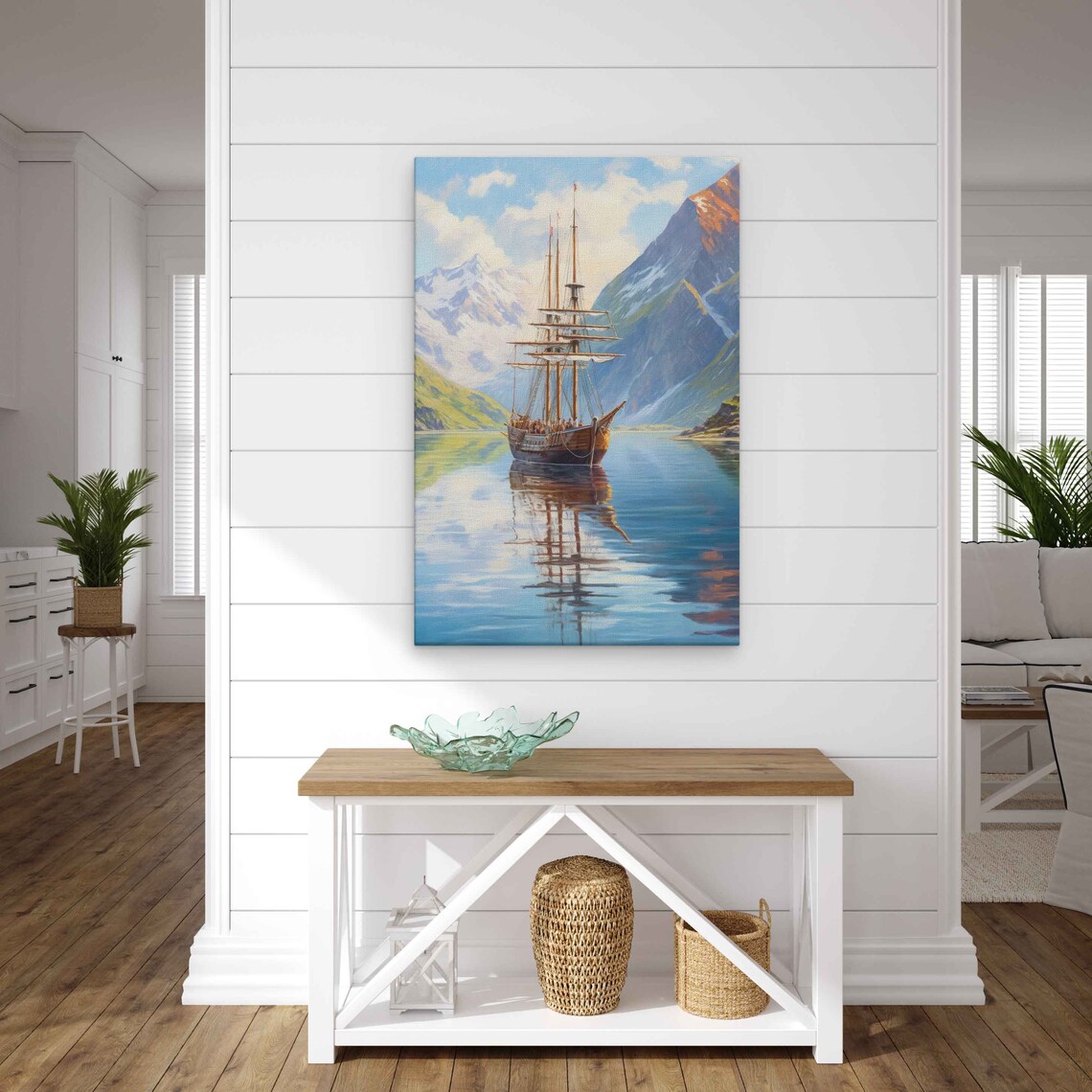 Tall Ship Sailing Mountain Fjord Calm Blue Water Reflection Wall Art Poster - Image 3
