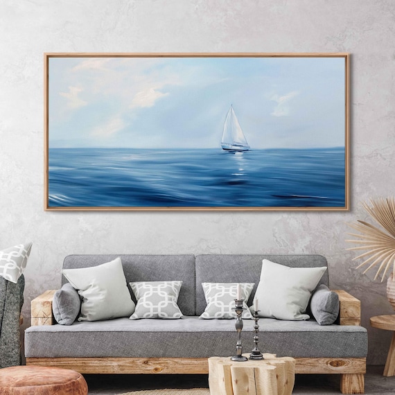 Lone White Sailboat On Deep Blue Ocean Horizon Minimalist Poster