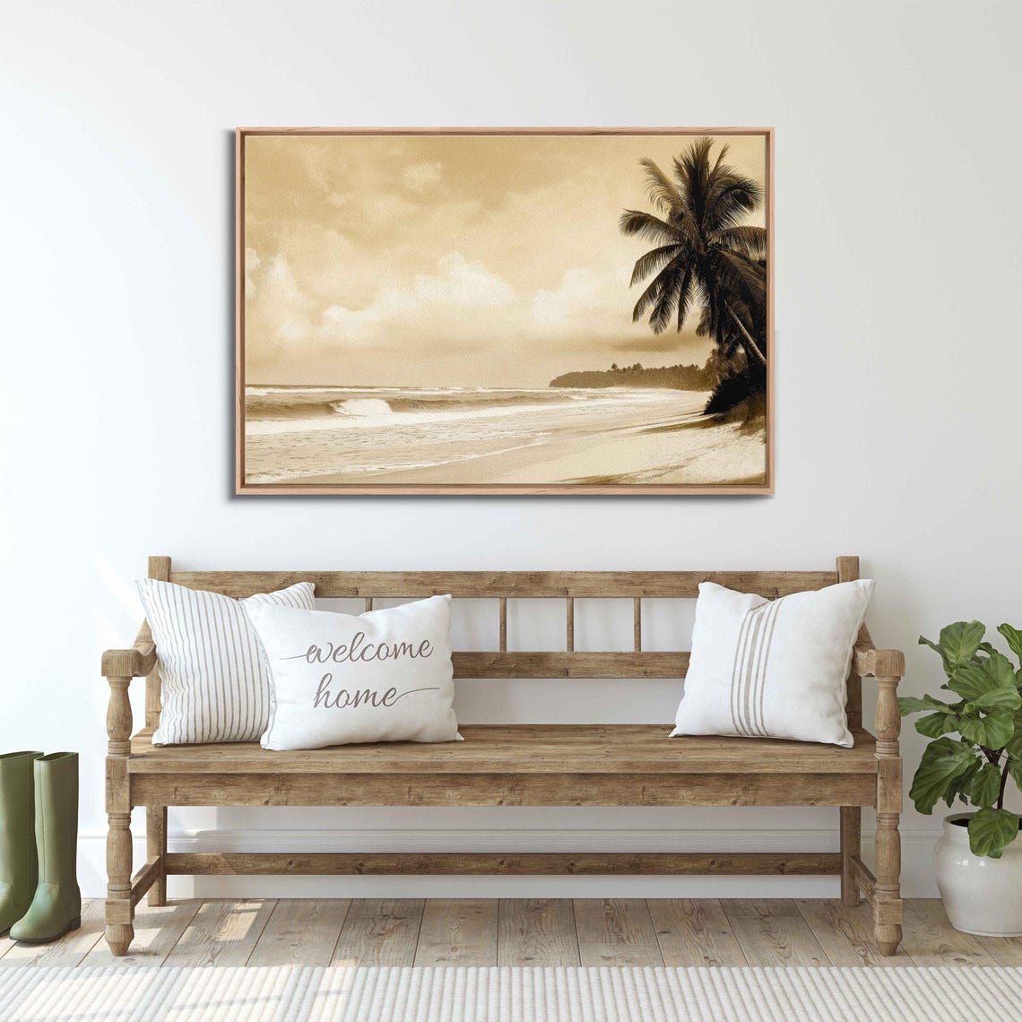 Serene Beach Scene Wall Art Print Vintage Sepia Tones Surfer And Palm Trees