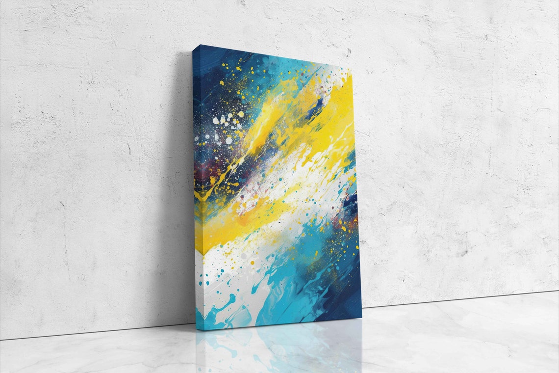 Yellow Blue Abstract Splatter Painting Print On Ready To Hang Eclectic Abstract Trendy Wall Decor Bathroom Decor - Image 4