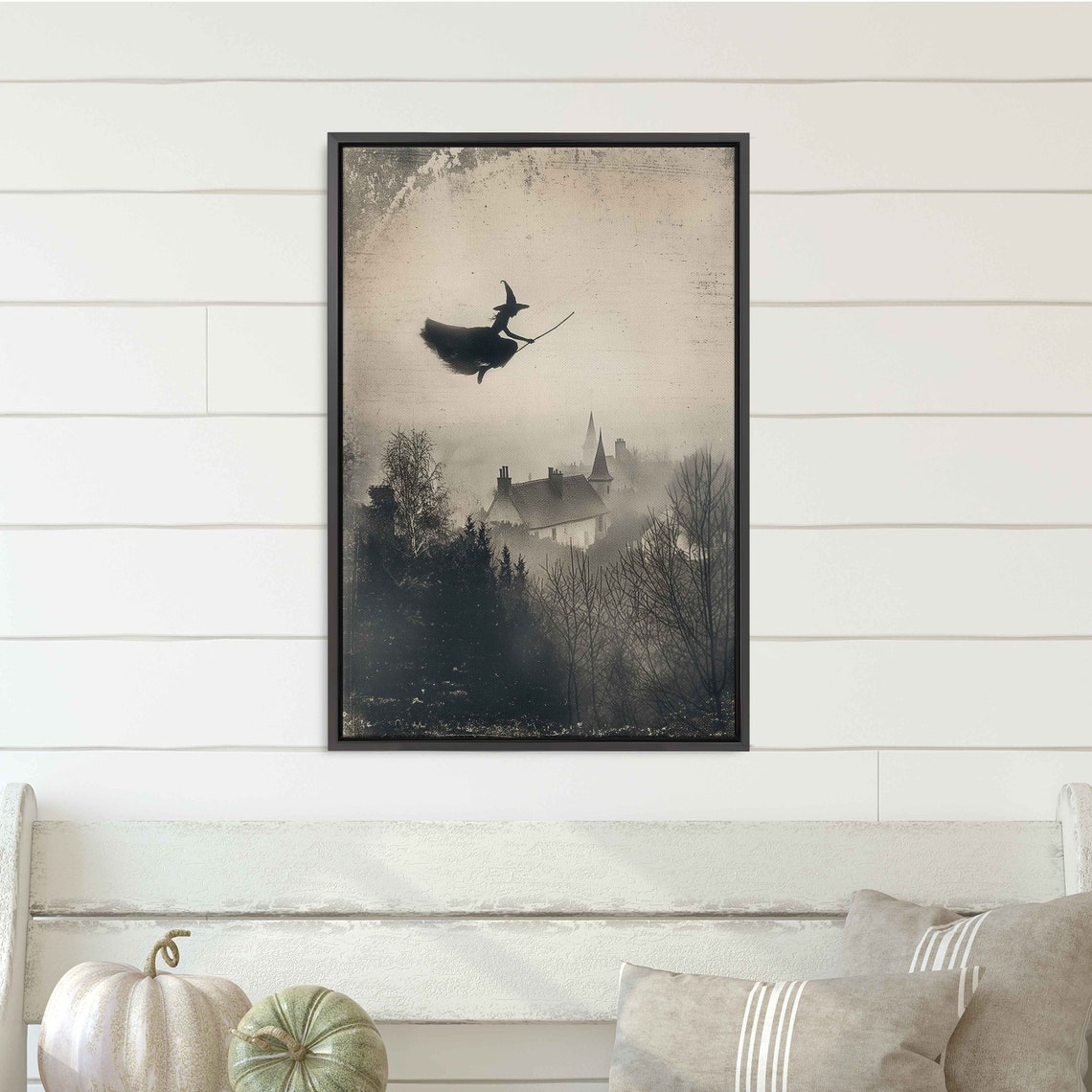 Witch Silhouette Flying Over Haunted Village Vintage Spooky Wall Art - Image 3