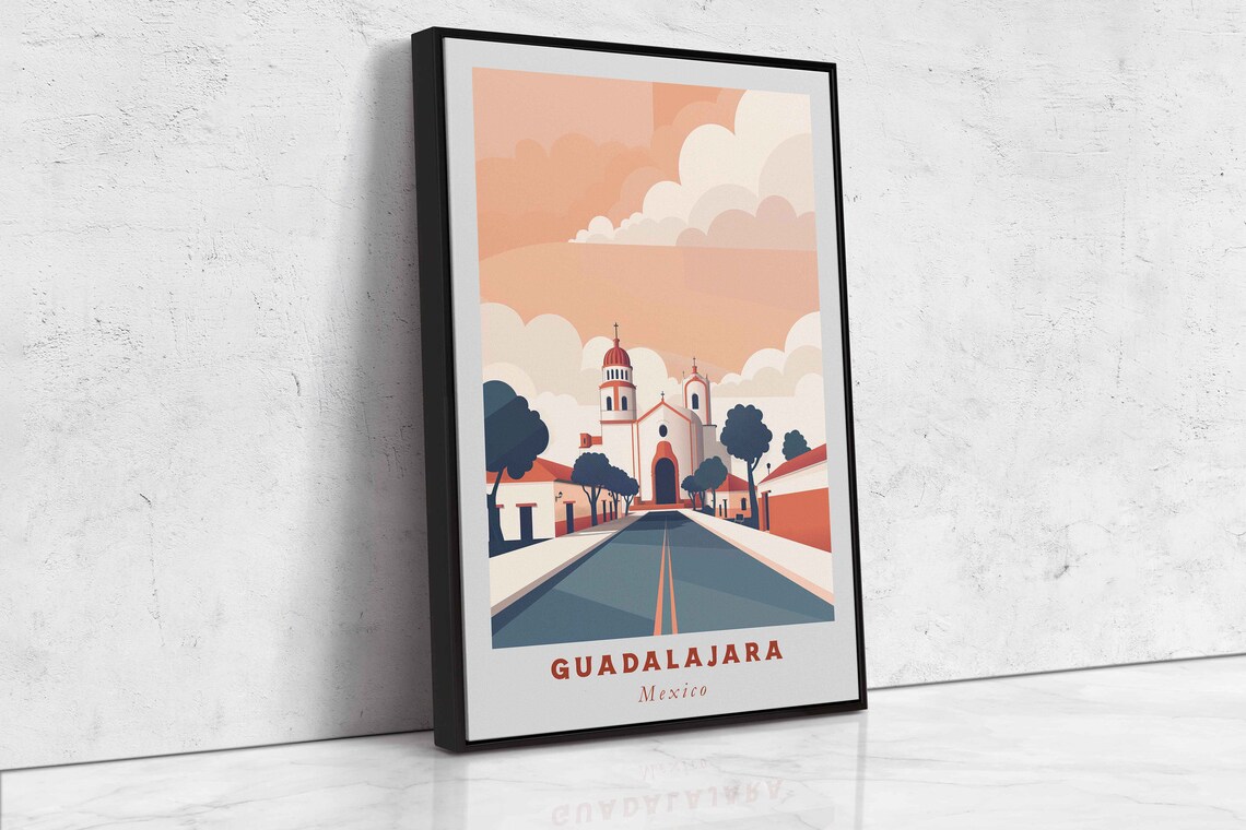 Guadalajara Mexico Colonial Church Street Peach Sky Travel Poster - Image 2