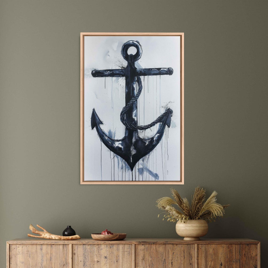 Ink Black Anchor With Twisted Rope Dripping Paint Nautical Wall Print