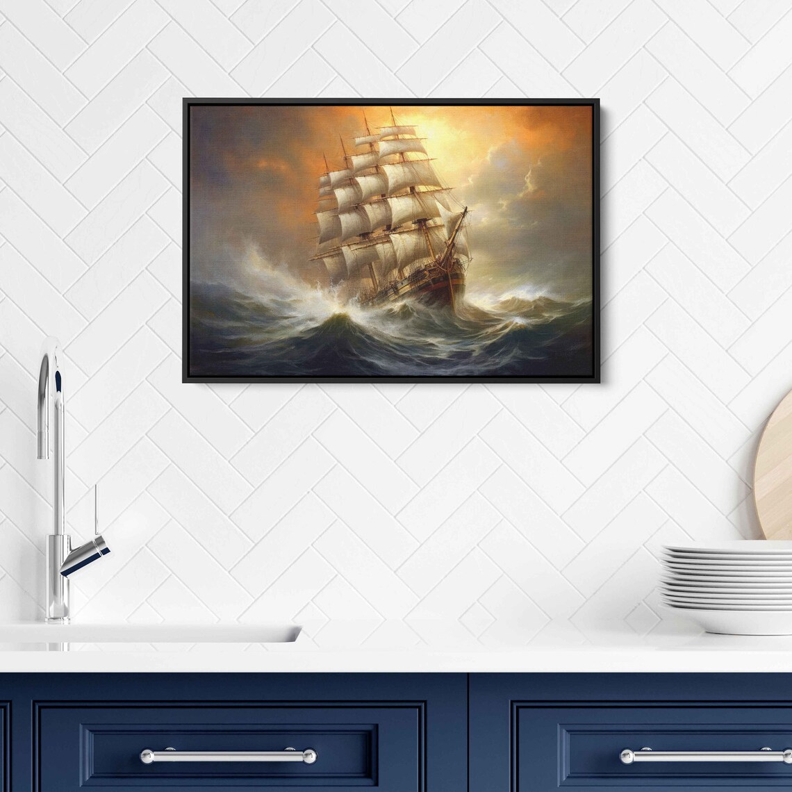 Majestic Tall Ship Stormy Ocean Sunset Sailing Vessel Waves Nautical Print - Image 3