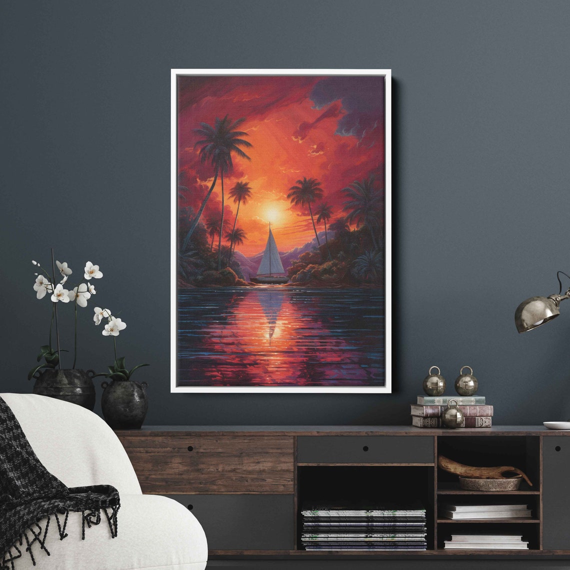 Sailboat On Tropical Lagoon At Sunset With Palm Trees Painting Poster - Image 2