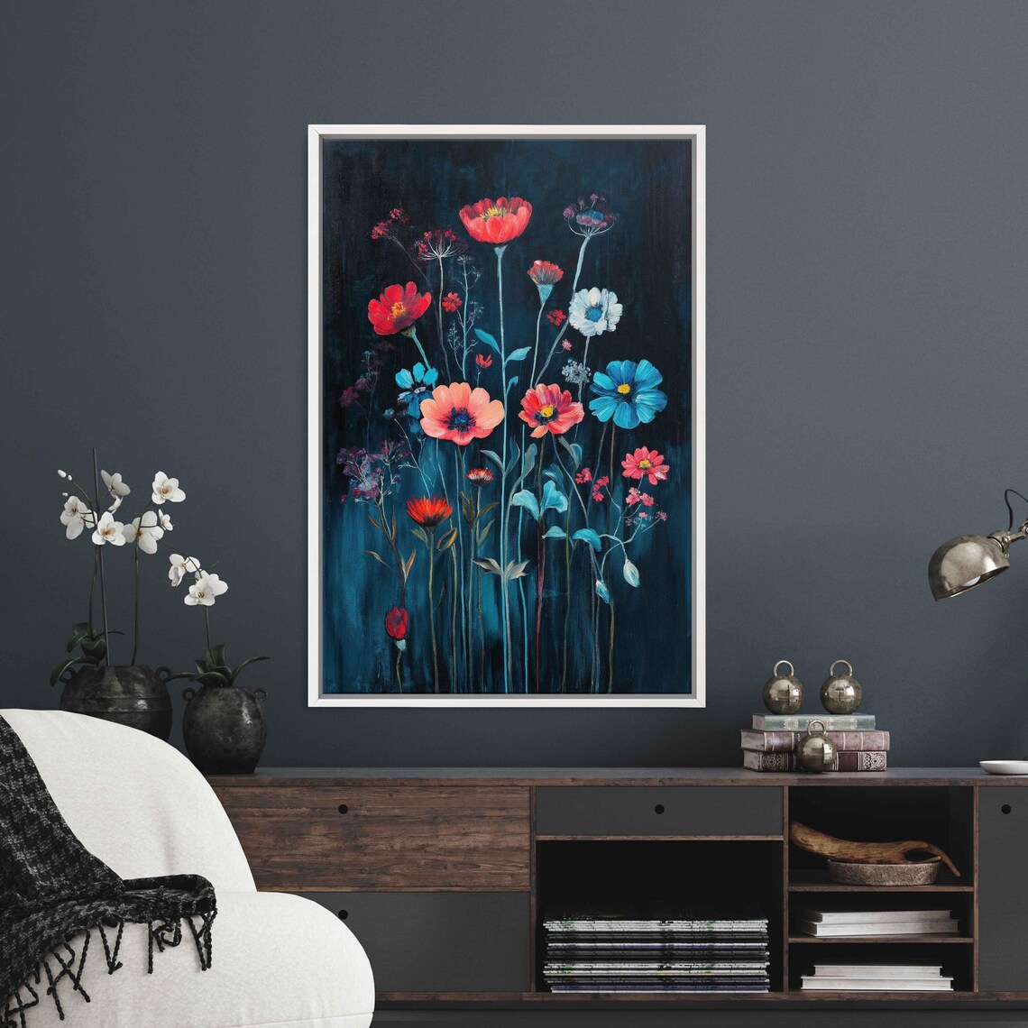 Moonlit Wildflower Bouquet Dark Blue Floral Night Garden Art Poster