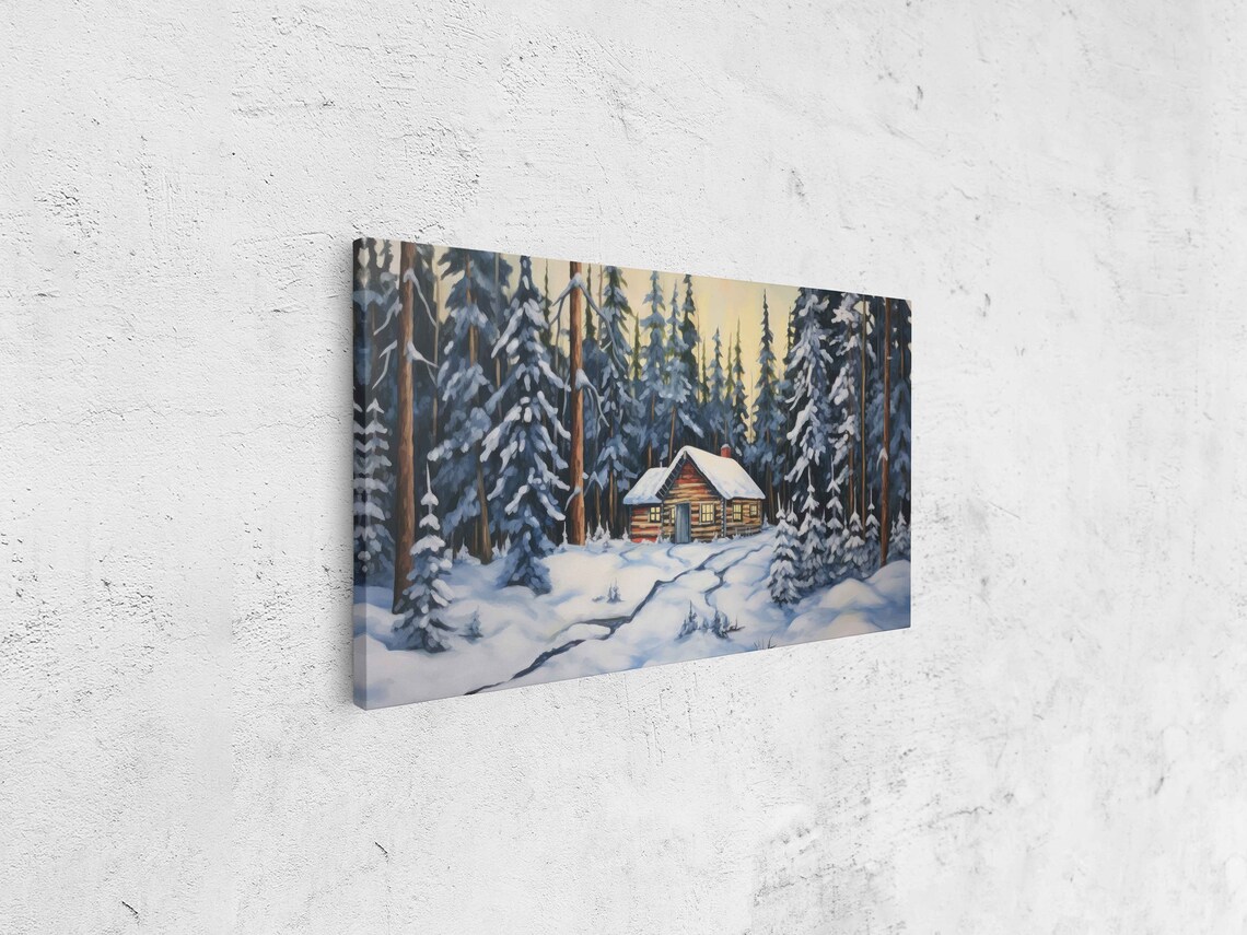 Snowy Log Cabin in Pine Forest Winter Wonderland Landscape Art Print - Image 4