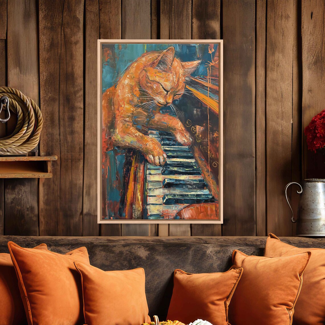 Orange Tabby Cat Playing Piano Palette Knife Painting Whimsical Pet Poster - Image 2