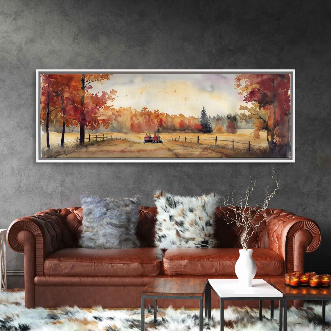 Family Hayride Horse Wagon Autumn Countryside Panoramic Wall Poster