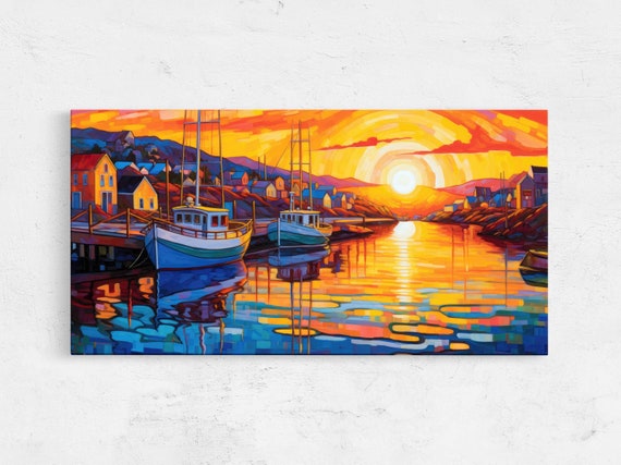 Sunrise On A Canal Fauvist Art Style Framed Print Ready To Hang Bright Simple Colors