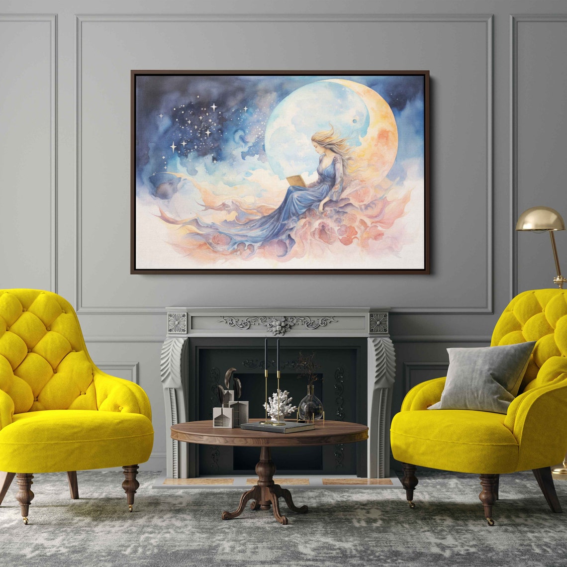 Woman Reading Book Moon Clouds Celestial Watercolor Wall Art - Image 3