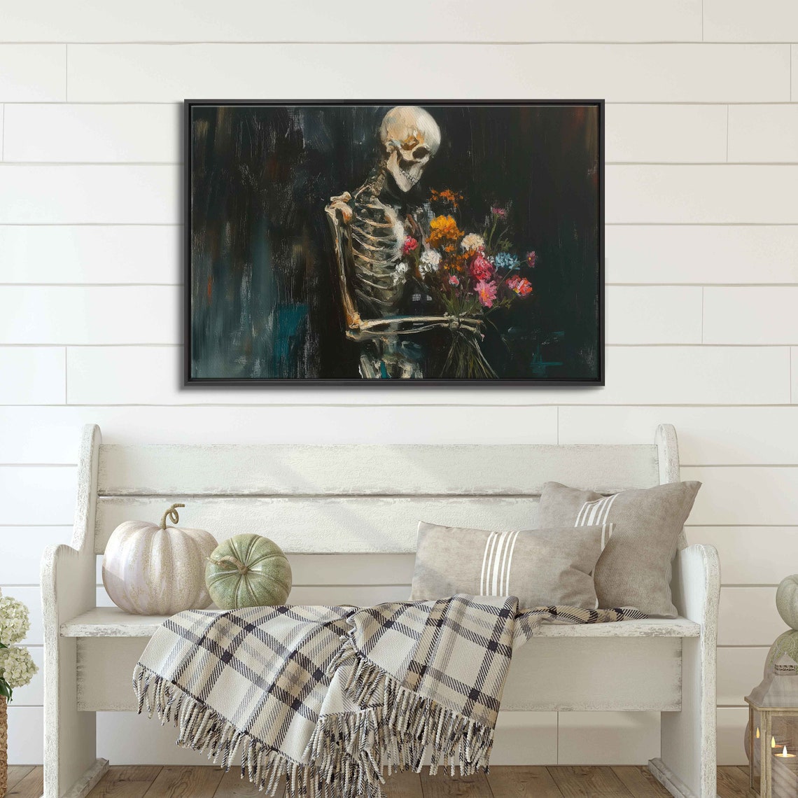 Skeleton Holding Wildflower Bouquet Dark Floral Spooky Gothic Wall Art - Image 3