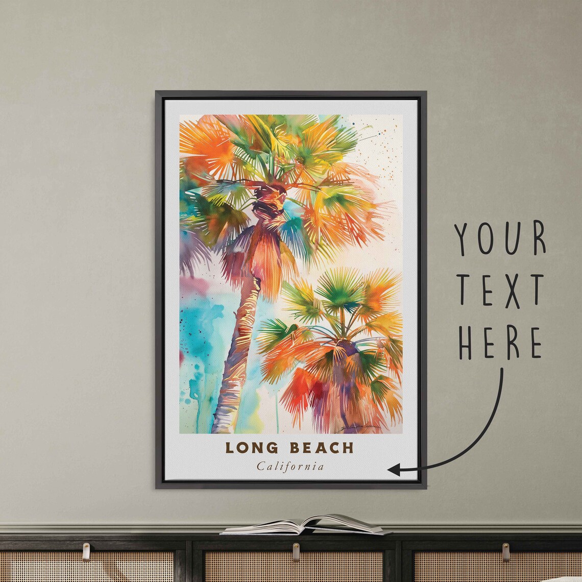 Long Beach California Colorful Watercolor Palm Trees Art Travel Poster