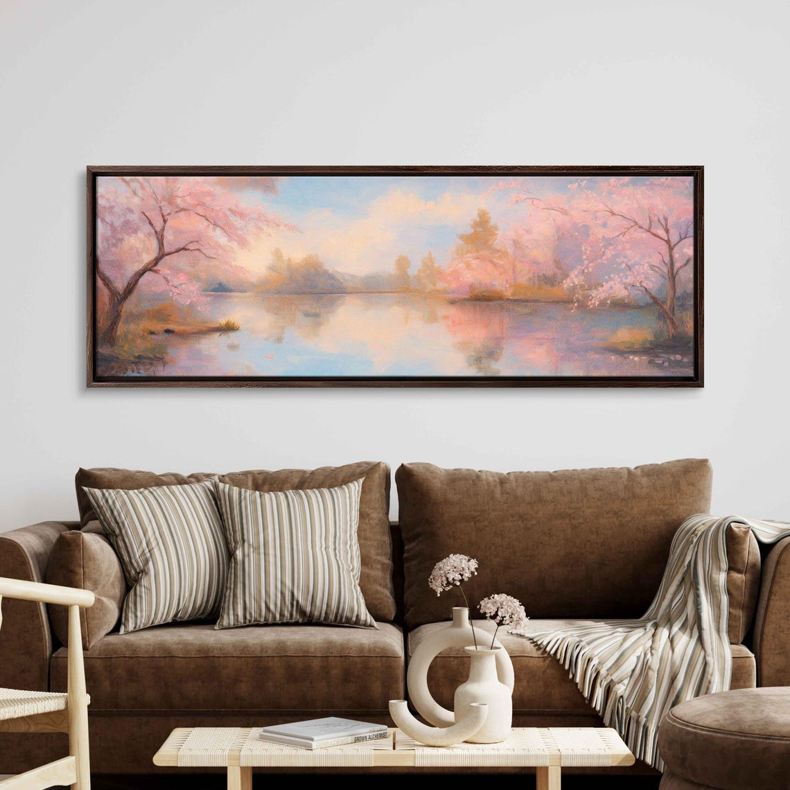 Cherry Blossoms In Japan Wall Art Print Enchanting Oil Painting Serene Pond Reflection