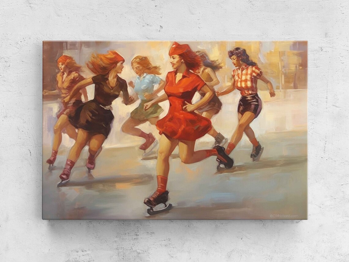 Retro Women Ice Skaters Vintage 1950s Style Winter Sports Art Poster