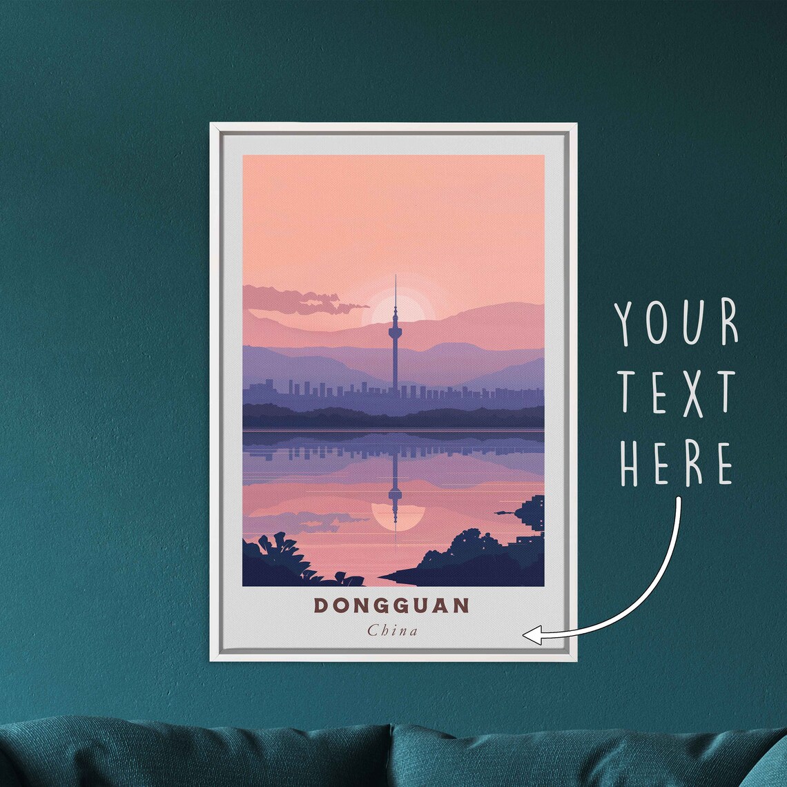 Dongguan China TV Tower Lakeside Sunset Minimalist Travel Poster