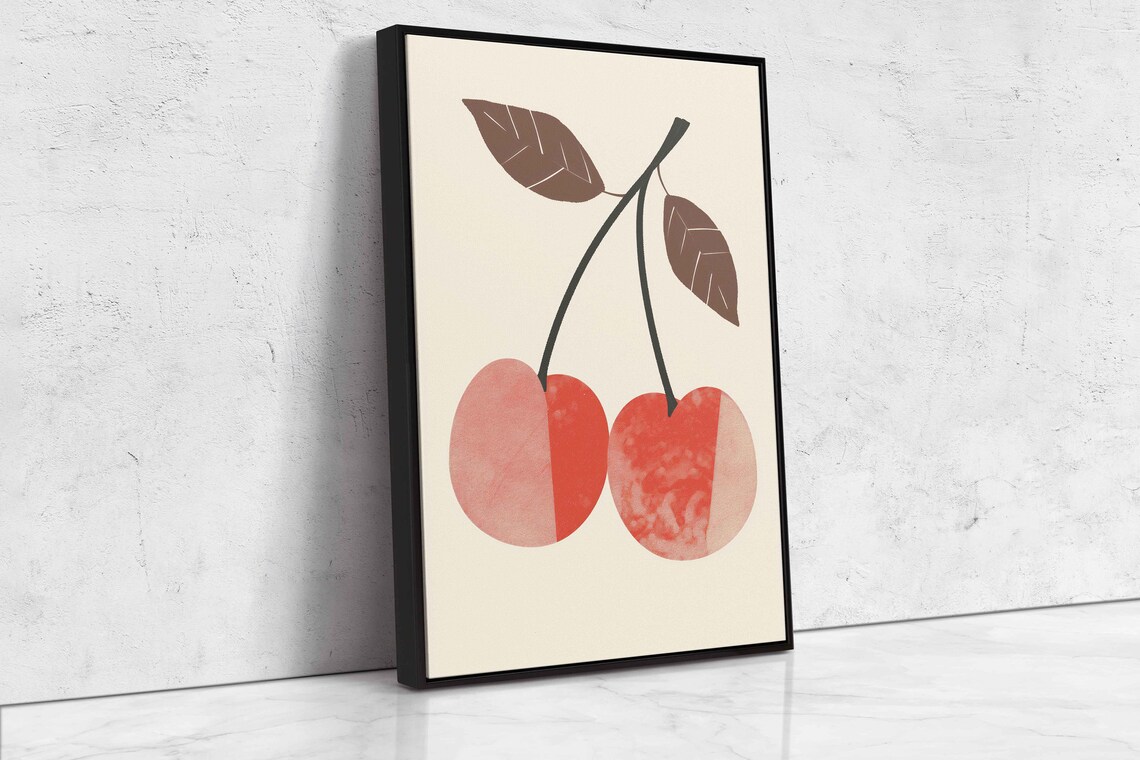 Minimalist Cherry Pair Brown Leaves Retro Fruit Illustration Art Poster - Image 4