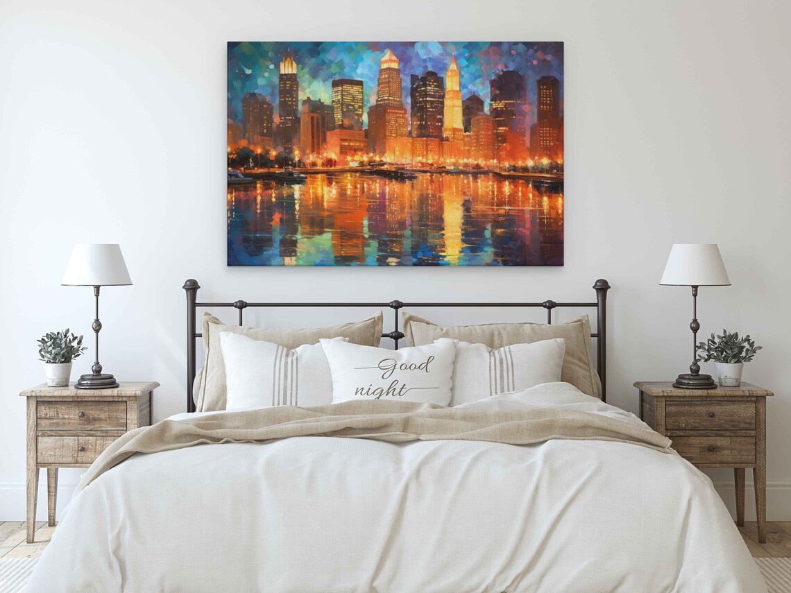 Impressionist City Skyline Night Lights Shimmering Water Reflection Poster - Image 3