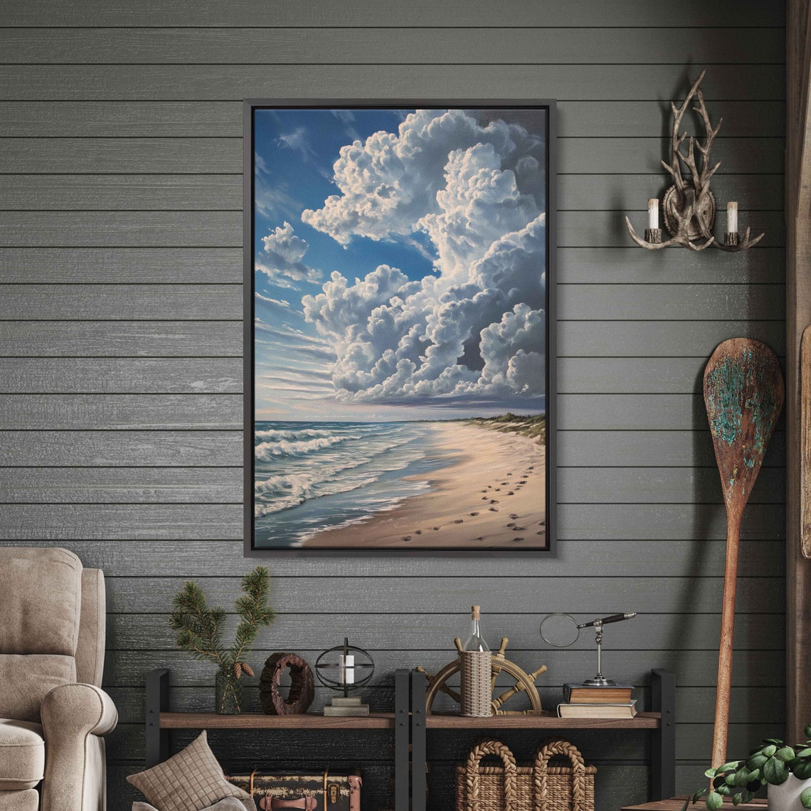 Towering Cumulus Clouds Beach Shore Sandy Footprints Ocean Art Poster - Image 4