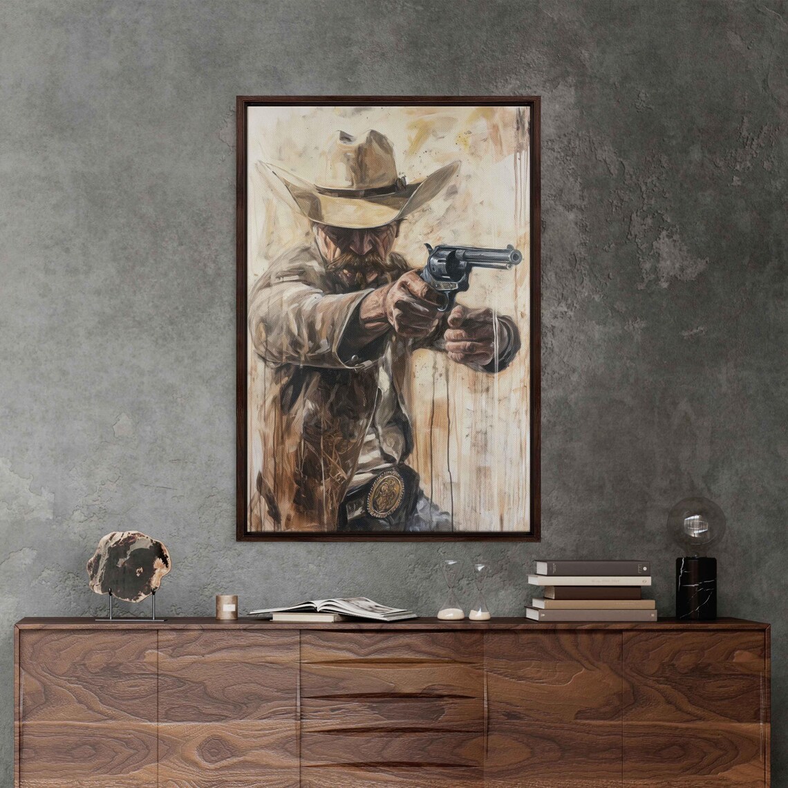 Cowboy Gunslinger Drawing Revolver Vintage Cream Western Poster - Image 3