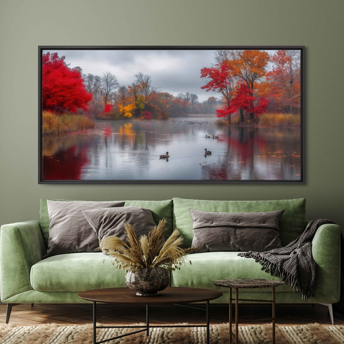 Tranquil Autumn Pond Ducks Calm Water Fiery Maple Reflections Poster