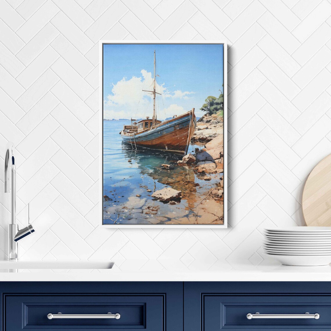 Old Vintage Wooden Sailboat Rocky Shore Calm Blue Water Poster - Image 2