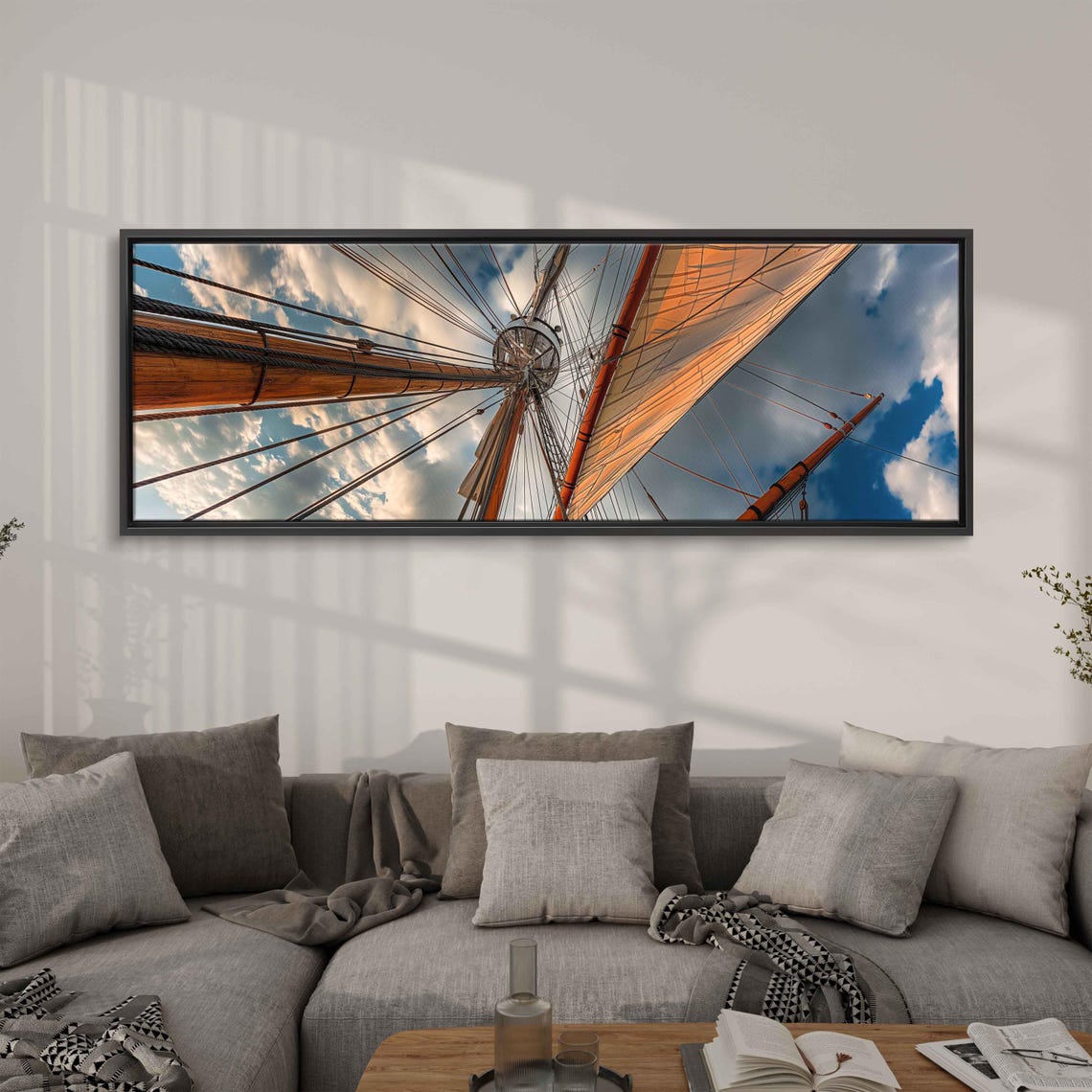 Wooden Tall Ship Masts Sails Against Blue Sky Panoramic Photo