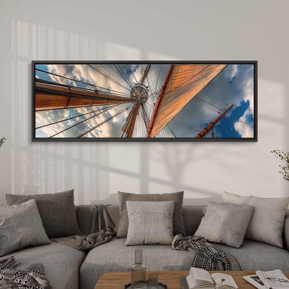 Wooden Tall Ship Masts Sails Against Blue Sky Panoramic Photo