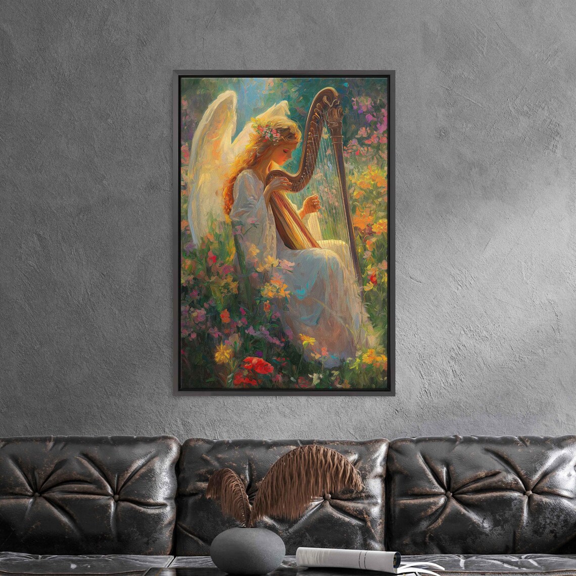 Angel Playing Harp in Flower Fields Art Print - Image 3
