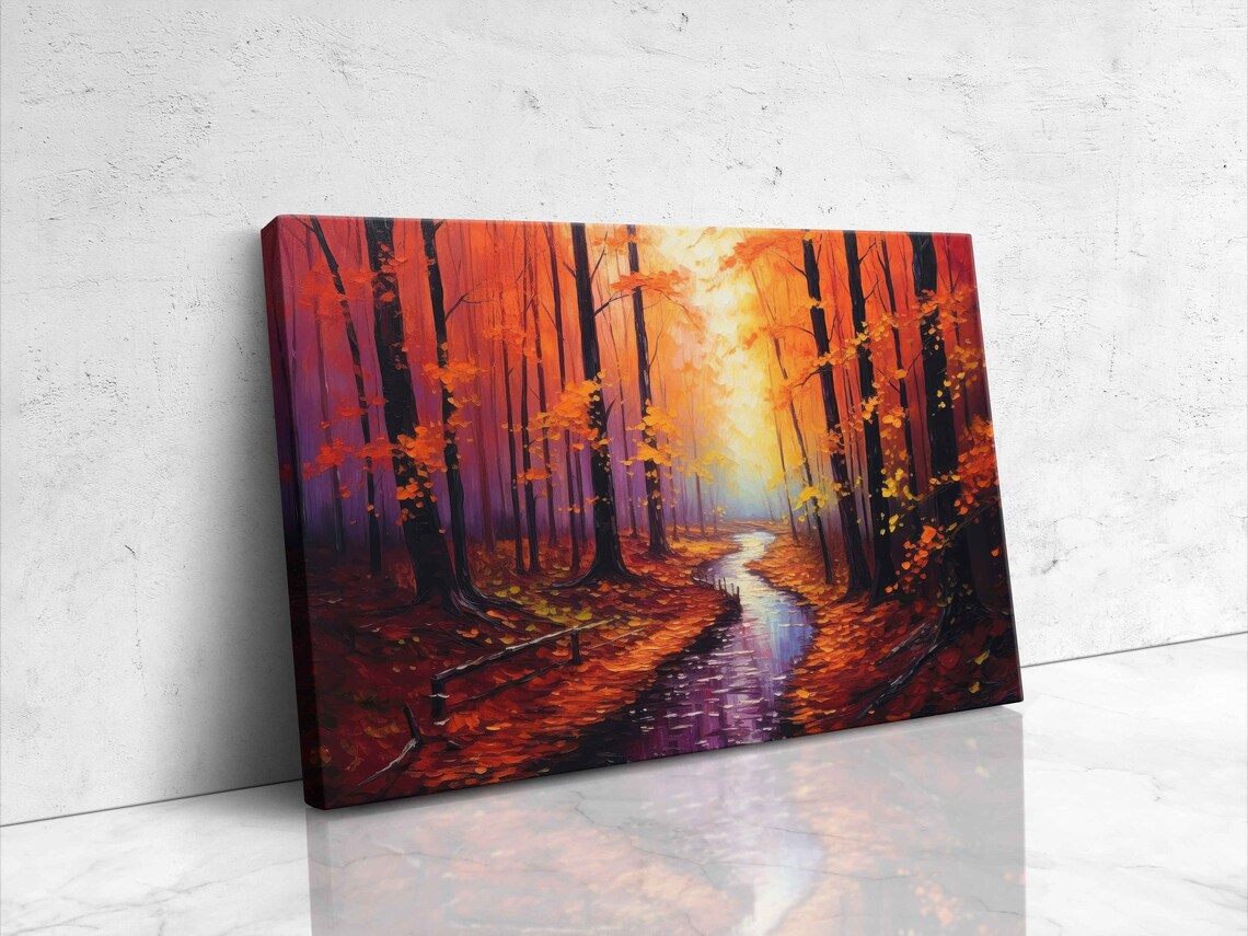 Autumn Forest Stream Red Orange Foliage Sunlight Oil Painting Poster - Image 4