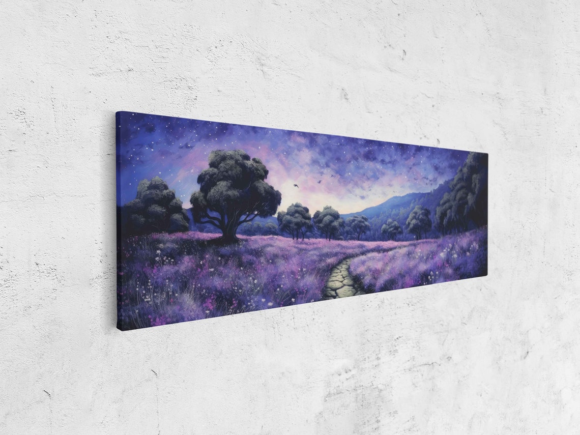 Moonlit Lavender Field Stone Path Forest Night Sky Panoramic Print - Image 4