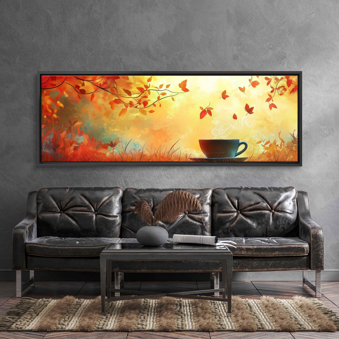 Steaming Teal Cup Among Golden Autumn Leaves Dreamy Fall Foliage Painting Poster - Image 3