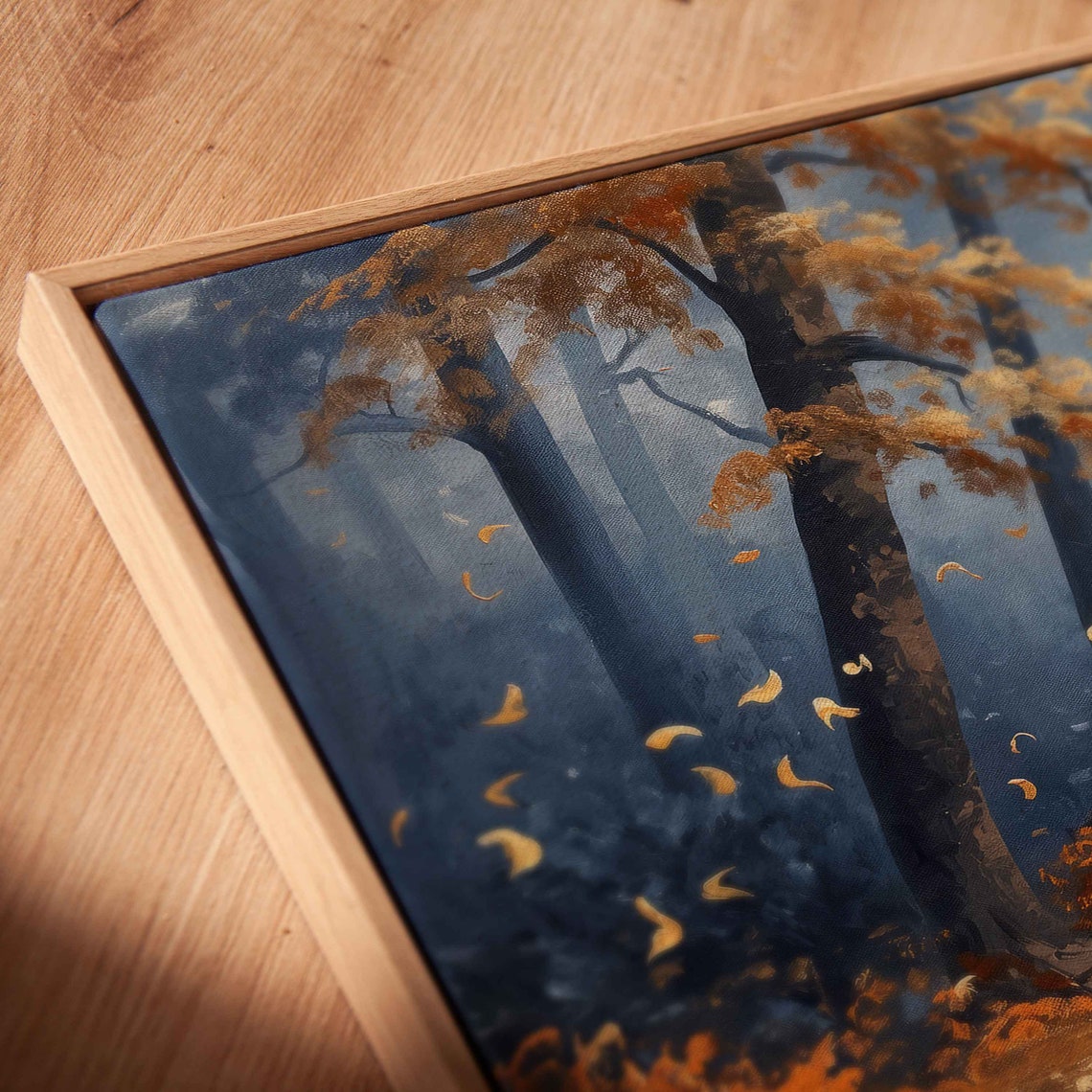 Misty Forest Road With Falling Golden Leaves Autumn Painting Poster - Image 2