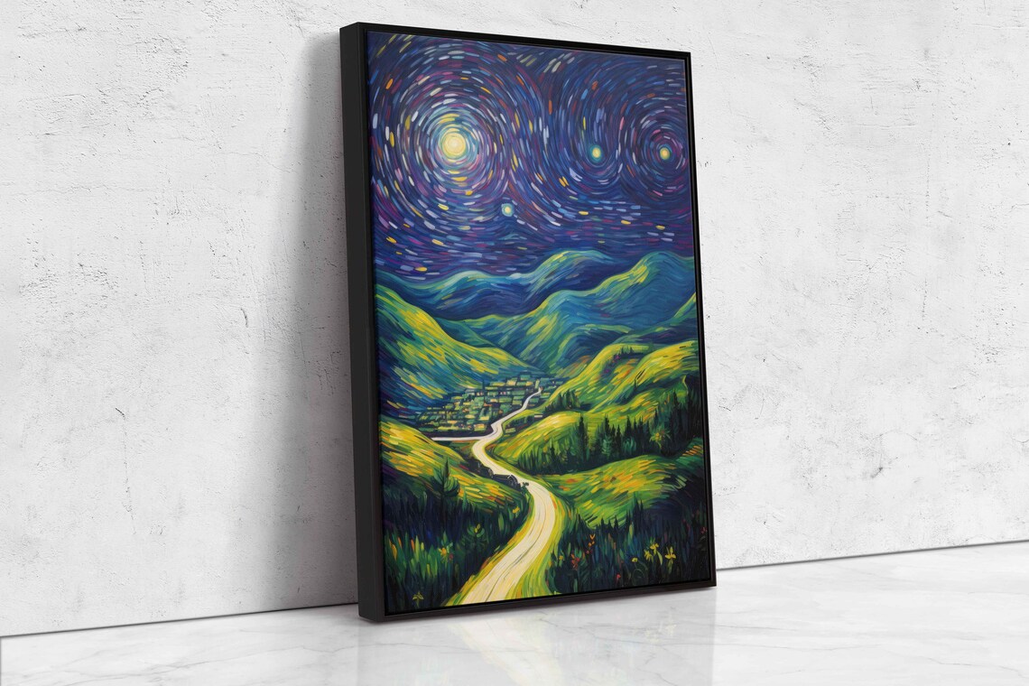 Starry Night Rural Valley Trail Winding Road Village Moon Van Gogh Art Print - Image 4