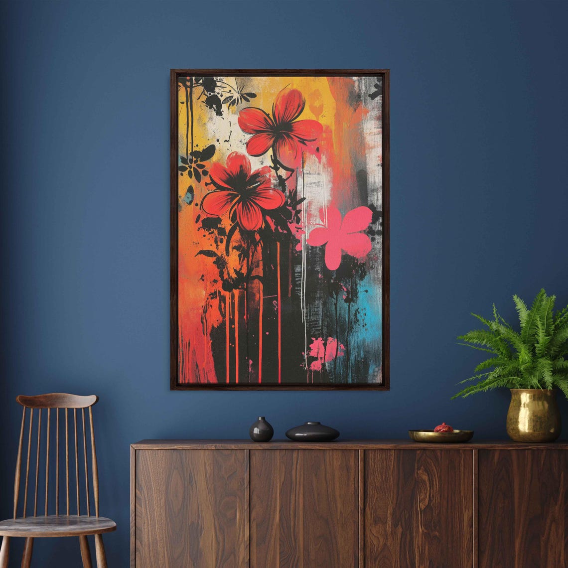 Graffiti Flowers Bold Red Pink Blooms Black Drip Street Art Poster