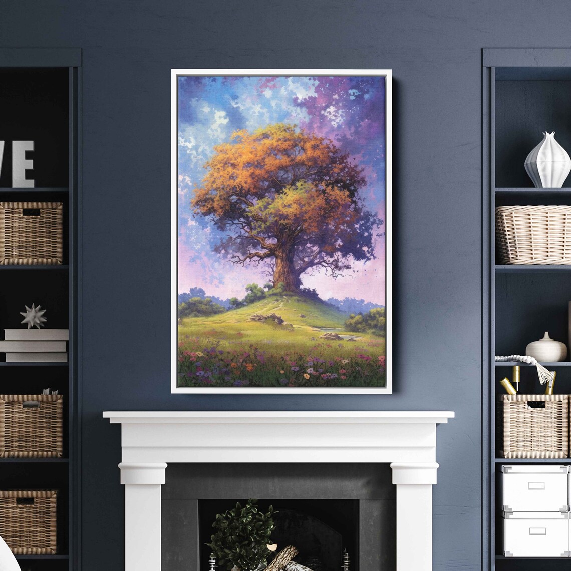 Colorful Ancient Tree In An Open Field Colorful Cloudy Skies Framed Print Ready To Hang