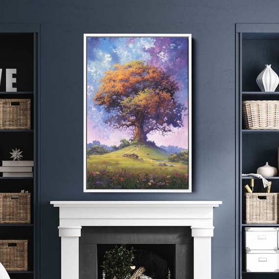 Colorful Ancient Tree In An Open Field Colorful Cloudy Skies Framed Print Ready To Hang