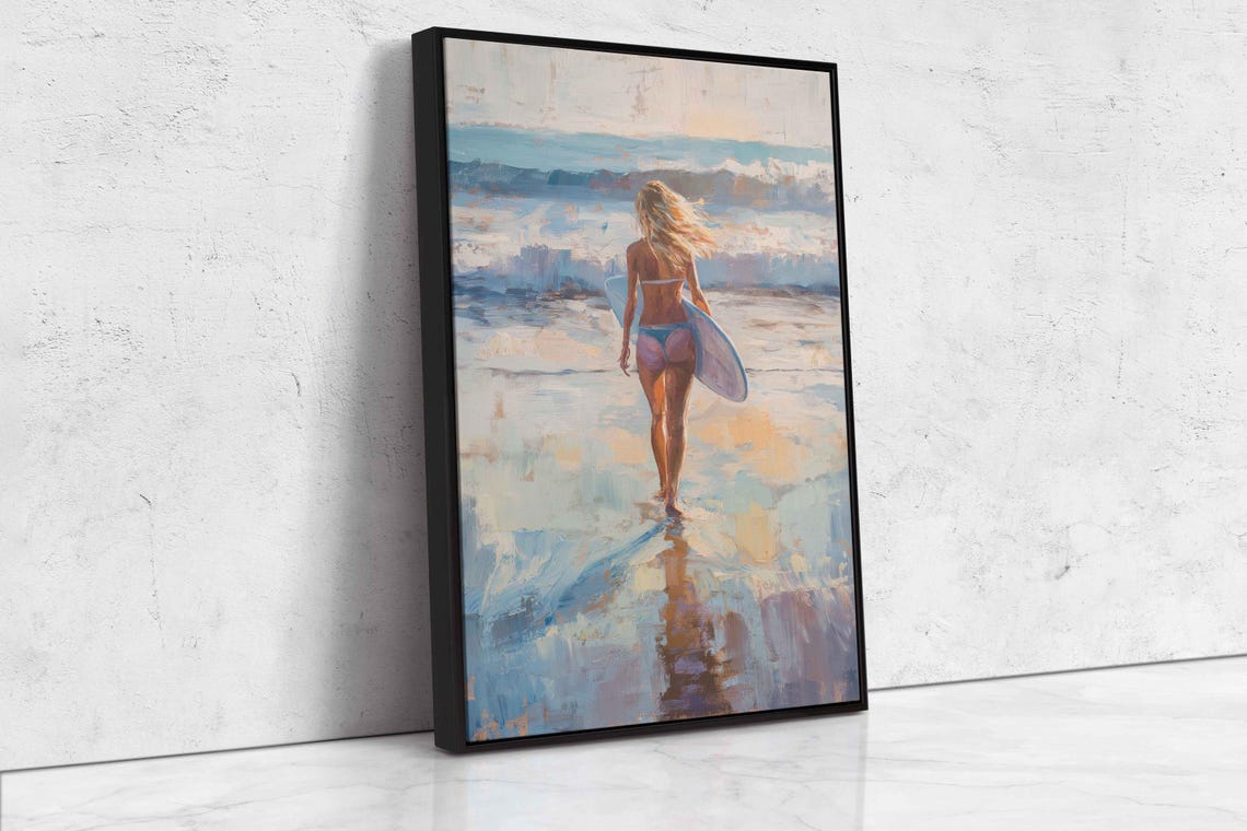 Surfer Walking Out To Surf Ocean Waves Wall Art Print Gift For Surfer Blue Water Ready To Hang - Image 4