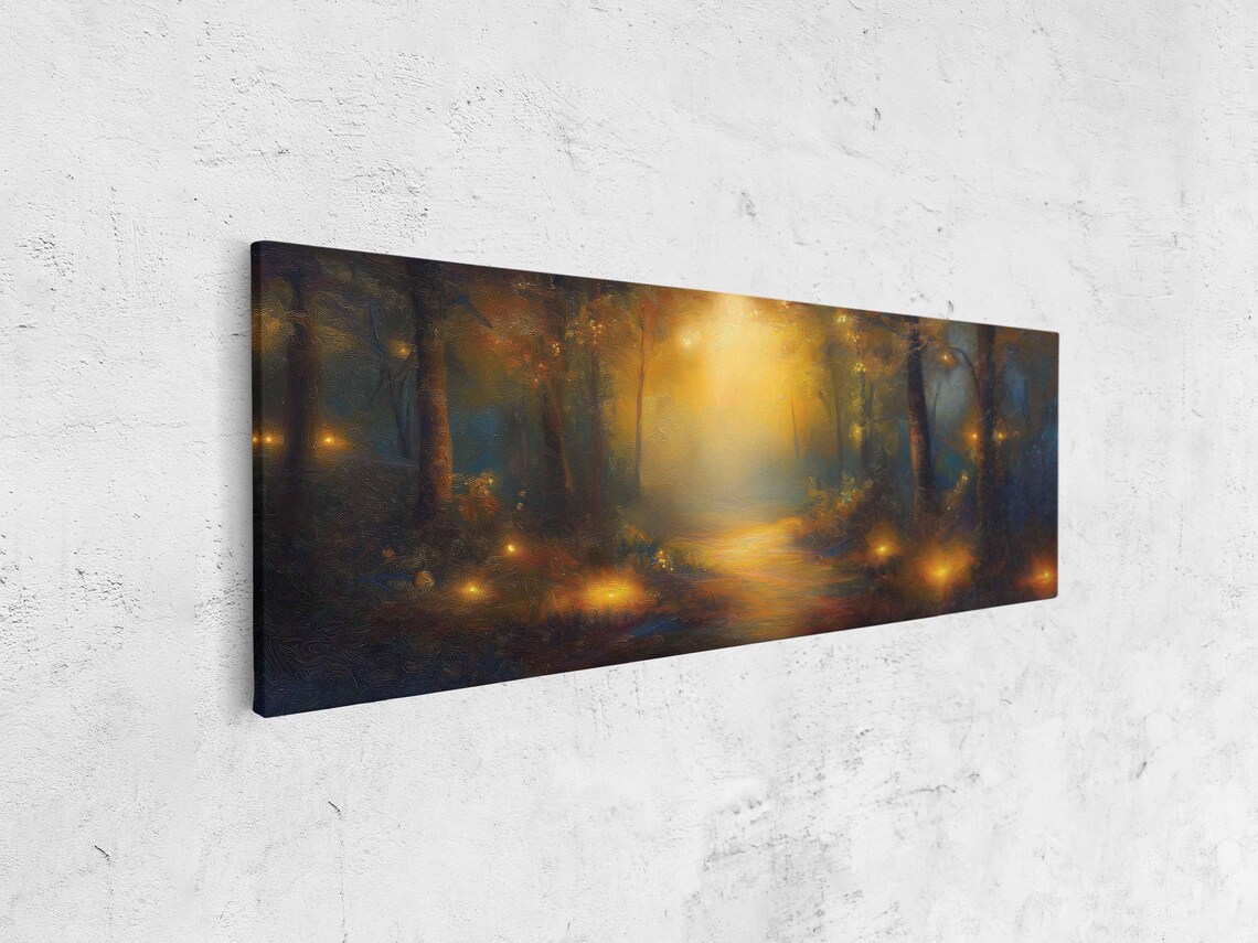 Enchanted Night Forest Golden Lights Through Dark Woods Poster - Image 4