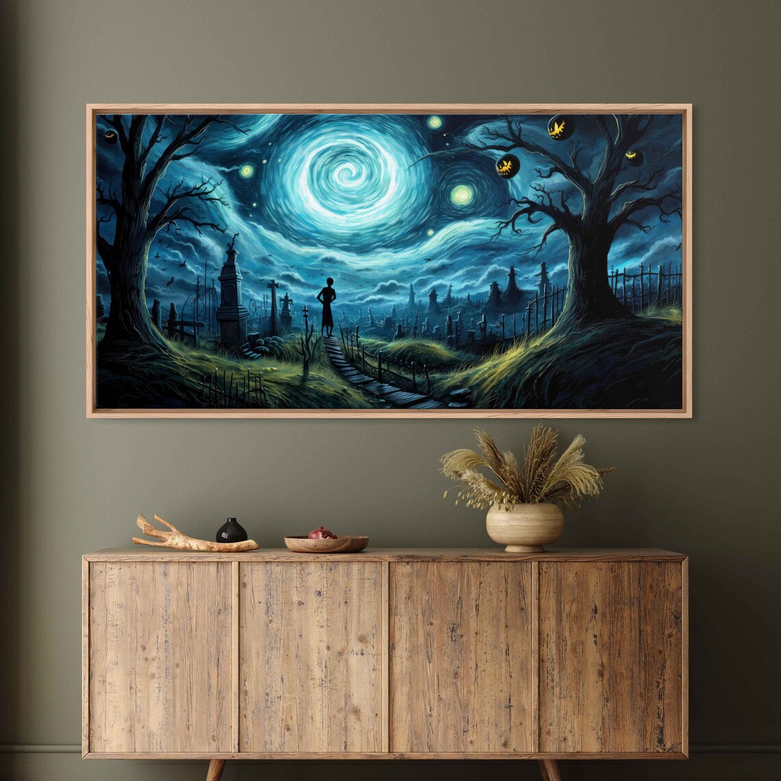 Spooky Starry Night Graveyard Van Gogh Style Swirling Sky Halloween Poster - Image 3