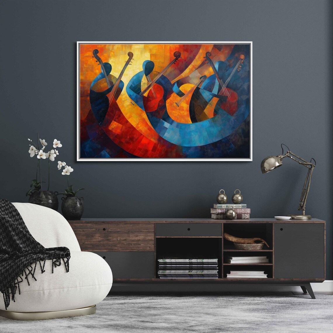 Symphony of Strings Abstract Cubist Painting Orange Blue Violins Art Poster