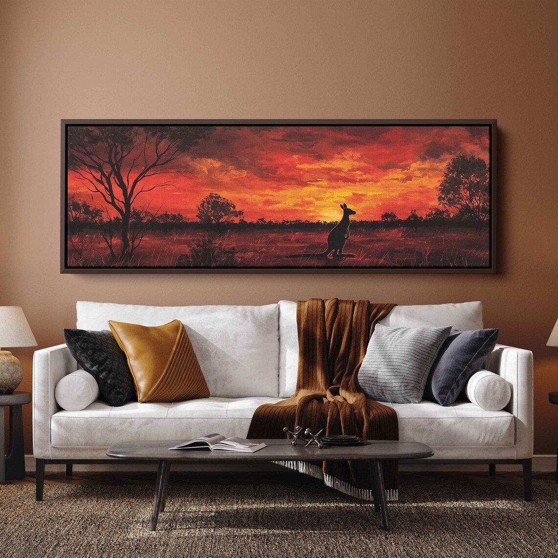 Kangaroo Silhouette Australian Outback Fiery Red Sunset Panoramic Wall Poster - Image 3