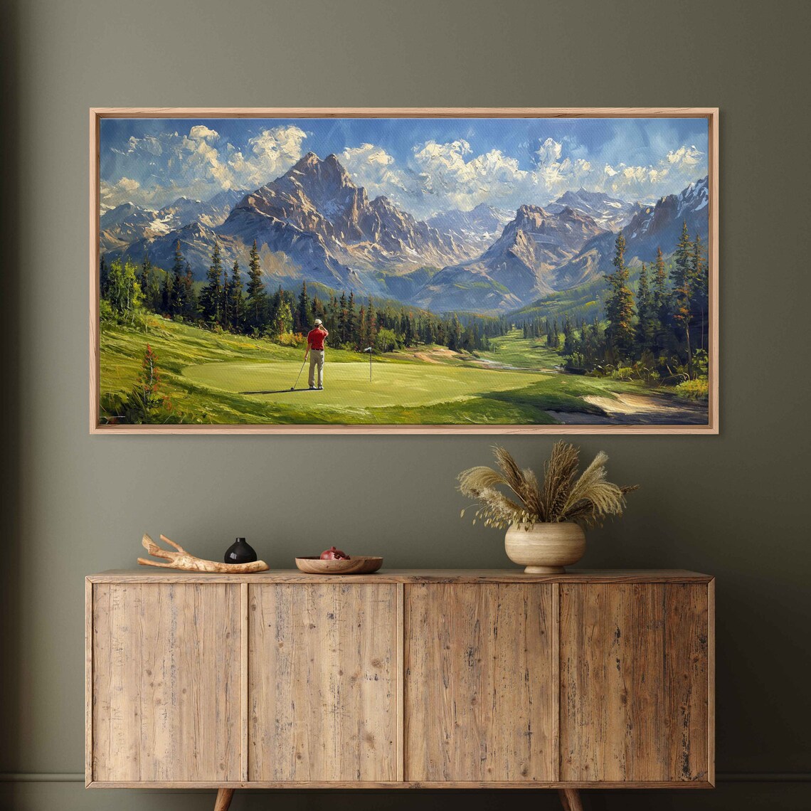 Golfer On Green With Majestice Mountain Range Wall Art Print Gift For Golfer Golf Course Pine Tree Forest Ready To Hang