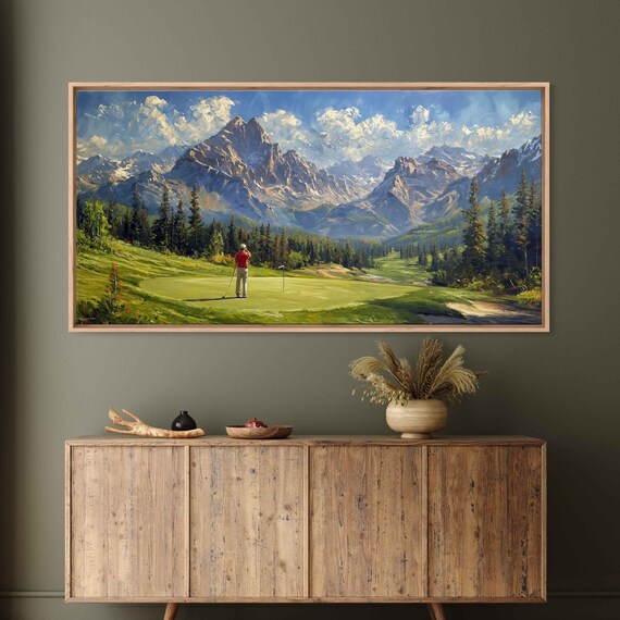 Golfer On Green With Majestice Mountain Range Wall Art Print Gift For Golfer Golf Course Pine Tree Forest Ready To Hang