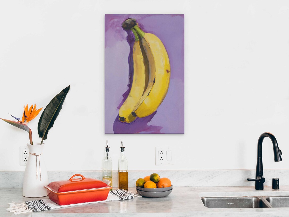 Bananas Oil Painting On Purple Background Print On Ready To Hang Kitchen Decor - Image 2